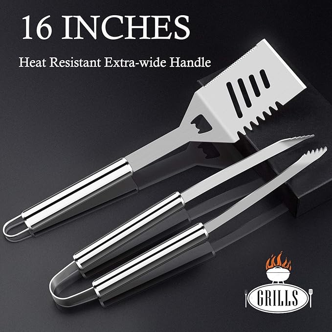ROMANTICIST 26pcs Stainless Steel Grill Tool Set, Heavy Duty BBQ Grilling Accessories Gifts for Men Dad, Non-Slip Grill Utensils Kit with Apron, Thermometer, Mats in Aluminum Case for Christmas Silver
