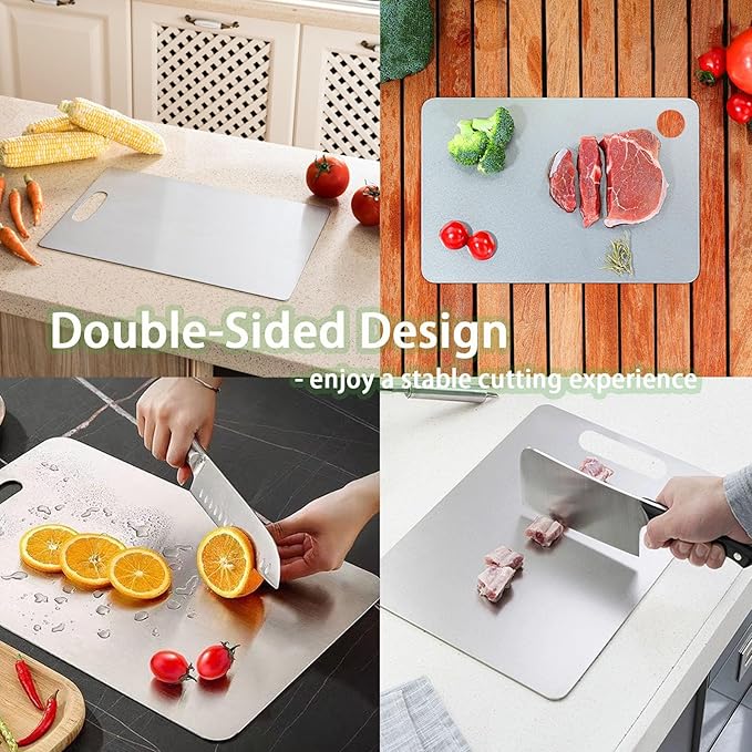 100% Pure Titanium Cutting Board Set of 2, Food-Grade Titanium Cutting Boards for Kitchen Dishwasher Safe, Double-Sided Metal Charcuterie Chopping Board Mat for Meat, Cheese & Fruit (L+XL)