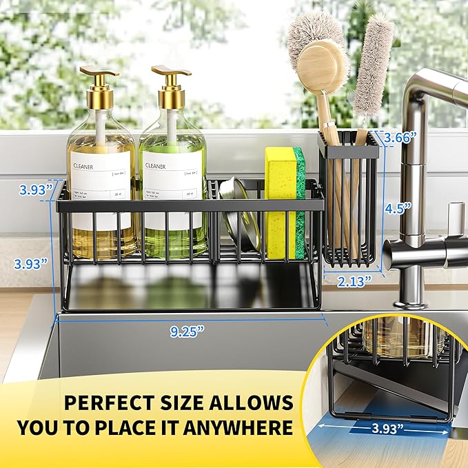 Cisily Sink Caddy Sponge Holder for Kitchen with Brush Holder and Stainless Steel Self Drain Tray, Rustproof Kitchen Sink Organizer for Sponge, Soap Dispenser Storage Accessories