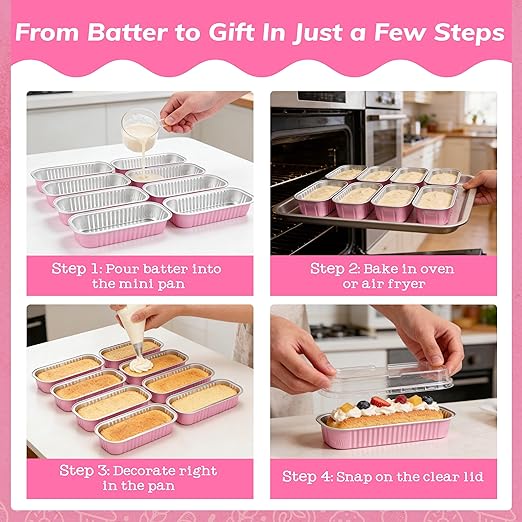NPLUX 50 PACK Mini Cake Pans with Lids and Spoons,Rectangular Aluminum Foil Bread Pan,Mini Loaf Pans and Food Containers with Lids(Pink,6.8oz)