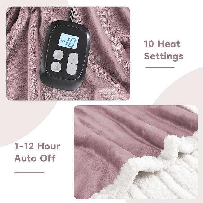 Electric Heated Blanket Twin Size - 62"x84", Soft Flannel Heating Blanket, 10 Heating Levels, 1-12 H Auto Shut Off, Breathable Warm and Washable for Bed, Purple