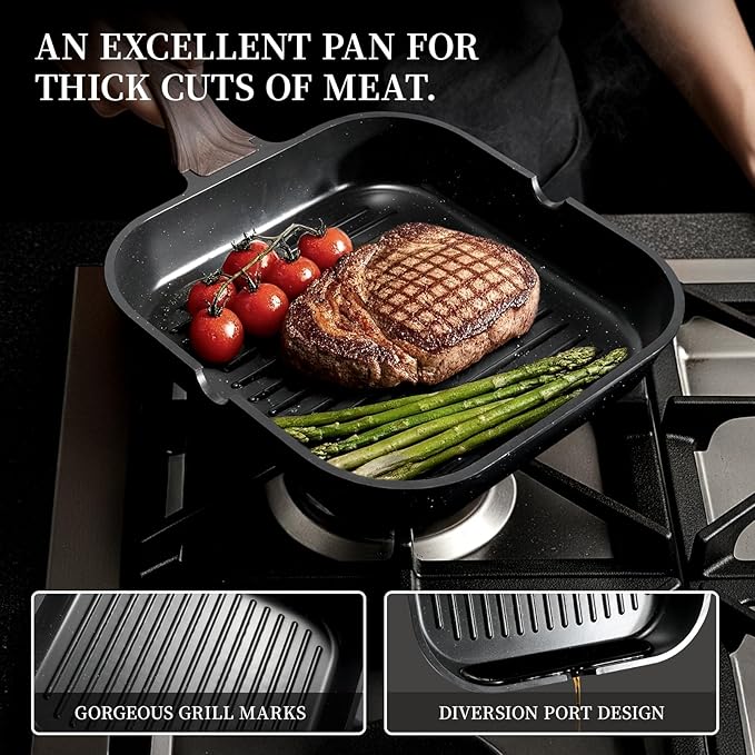 Kikcoin 16Pcs Ceramic Pots and Pans Set Non Stick, Includes a 9.5" Grill Pan, Induction Kitchen Cookware Sets, Black Nonstick RV Kitchen Camping Cooking Sets Stackable (PTFE, PFOS, PFOA Free)