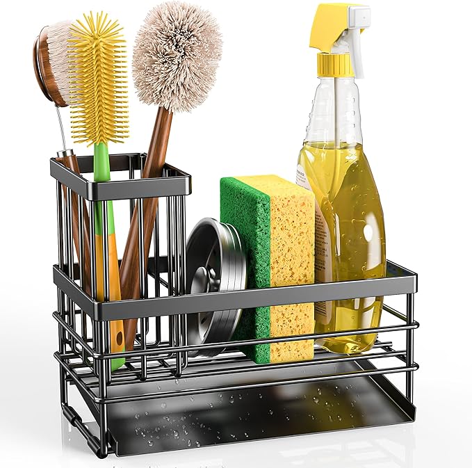 Cisily Sink Caddy Sponge Holder for Kitchen with Brush Holder and Stainless Steel Self Drain Tray, Rustproof Kitchen Sink Organizer for Sponge, Soap Dispenser Storage Accessories (Black)