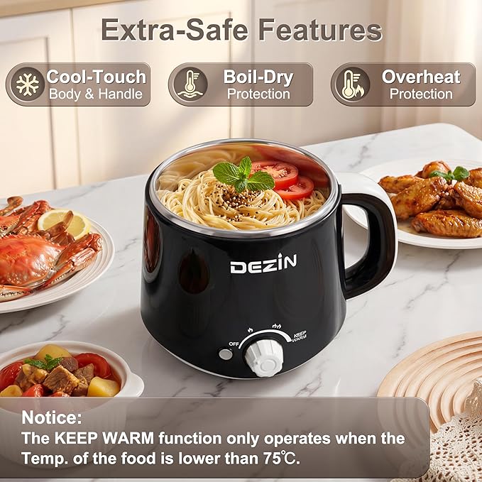 Dezin Hot Pot Electric, Rapid Noodles Cooker, Stainless Steel Electric Pot 1.6 Liter, Perfect for Ramen, Egg, Pasta, Dumpling, Soup, Porridge, Oatmeal with Temperature Control and Keep Warm Function