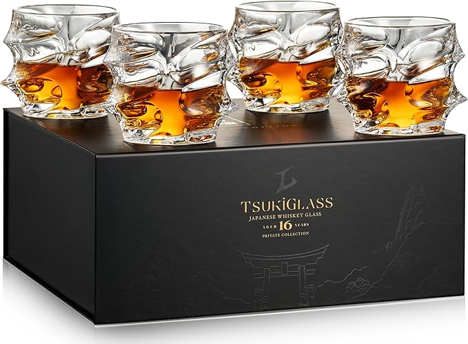 TSUKIGLASS® Storm Premium Japanese Crystal Whisky Glasses Set of 4 - Gift Ready Box, 100% Ultra Clarity Lead-Free Crystal, 10oz Tumblers for Bourbon, Scotch & Cocktails, Luxury Gift for Men