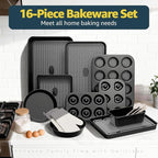 16-Piece Nonstick Bakeware Set with Oven Mitts, Donut Pan, and Heart Pan, Stackable Carbon Steel Baking Pans Set with Kitchen Utensils and Rack, Ceramic Coating, Black