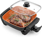 OSTBA 12"x12" Electric Skillet with Glass Lid, 5.2QT Large Nonstick Frying Pan for Family Meals, 1500W Fast Heating, 5-Level Adjustable Temperature Control, PFOA Free, Easy to Clean