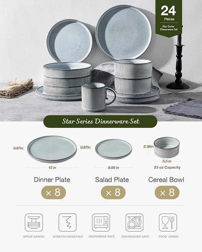 Famiware Star 24-Piece Plates and Bowls Set with Trim, Service for 8 - Stoneware Reactive Glaze Dinnerware, High Edge Ribbed Dishes, Chip & Scratch Resistant, Microwave & Dishwasher Safe, Smoky Blue