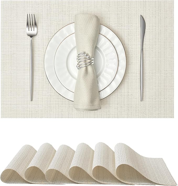 Leetaltree Luxury White and Silver Woven Placemats Set of 6 - Waterproof Washable Textured Table Mats for Wedding, Anniversary, Daily Use - Sparkling Metallic Thread Table Decor - Hand-Cut
