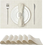 Leetaltree Luxury White and Silver Woven Placemats Set of 6 - Waterproof Washable Textured Table Mats for Wedding, Anniversary, Daily Use - Sparkling Metallic Thread Table Decor - Hand-Cut
