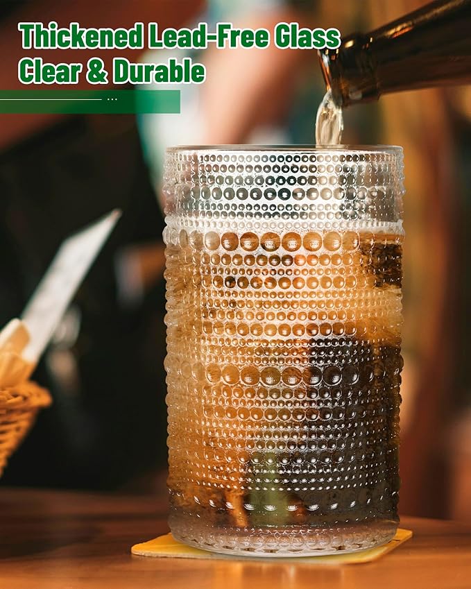 Vintage Dot-Pattern Drinking Glasses Set of 6 – 13 oz Clear Highball Glass Cups – Embossed Textured Glassware with Anti-Slip Design for Water, Juice, Cocktails – Thick Glass, Dishwasher Safe