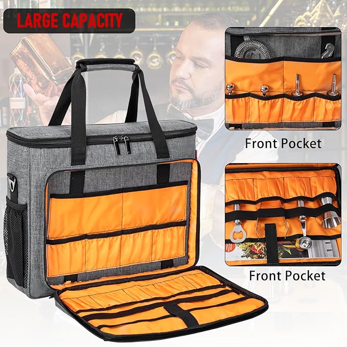 Bartender Bag, Bartender Kit Travel Bag for Cocktail Shaker Set, Portable Carrying Case with Compartments for Wine Bottles, for Travel Home Indoor Outdoor Party(Bag Without Tools)