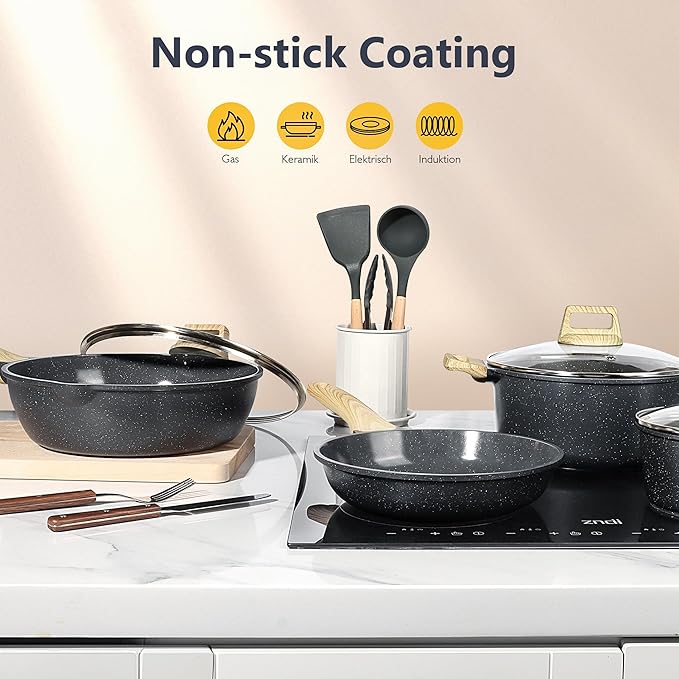 GiPP Pots and Pans Set Non Stick - 14Pcs Granite Kitchen Cookware Sets Nonstick Induction Cookware Non-Toxic Cooking Pan Set with Silicone Utensils, PFOS and PFOA Free, Dark Gray