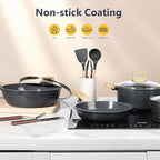 GiPP Pots and Pans Set Non Stick - 14Pcs Granite Kitchen Cookware Sets Nonstick Induction Cookware Non-Toxic Cooking Pan Set with Silicone Utensils, PFOS and PFOA Free, Dark Gray