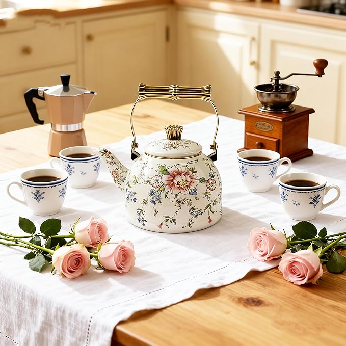 Vintage Enamel Tea Kettle, Rose Floral Pattern Stovetop Teapot with Gold Handle, 2.5L Enamel Kettle Kitchen Decor, Ideal Gift for Housewarming Camping Coffee Pot