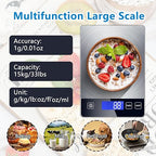 Food Kitchen Scale, Digital Food Scale 33lb Digital Kitchen Scale Precisely Measures Grams and Ounces for Meal Prep Baking and Cooking, Rechargeable 304 Stainless Steel Kitchen Scale LCD Display