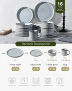 Famiware Star 16-Piece Stoneware Dinnerware Set, Service for 4, Reactive Glaze Mugs, Plates and Bowls, Dishes with Trim, Modern Rustic, Chip/Scratch Resistant, Microwave/Dishwasher Safe, Smoky Blue