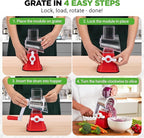 Nutrichef 3 in 1 Cheese Grater & Shredder | Strong Suction Base, Rotary Handle with Safety Lock | Includes Hand Crank & 3 Drum Blades for 3 Textures, Fine, Medium & Strips | Red
