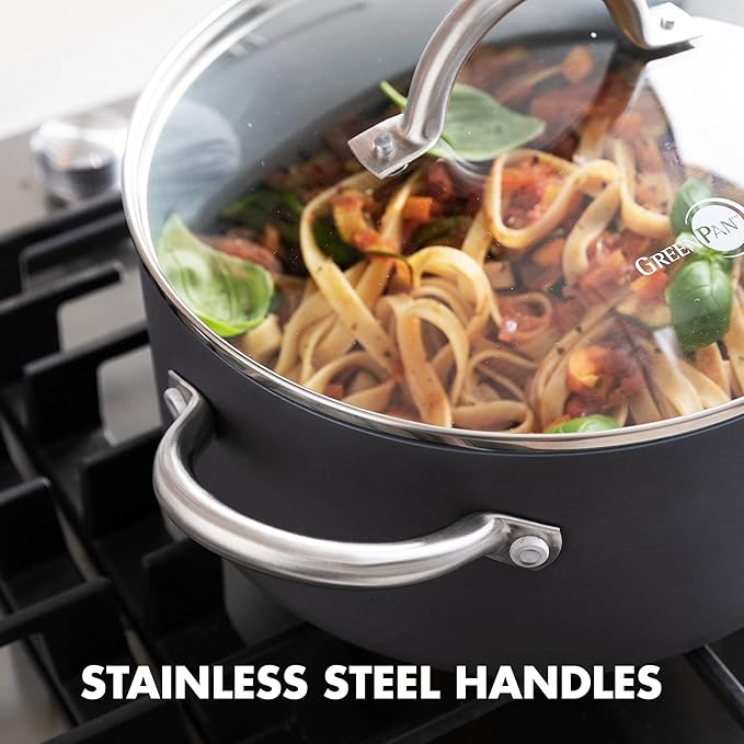 GreenPan Lima 5.2QT Nonstick Stock Pot with Glass Lid, Nontoxic PFAS-Free Ceramic Casserole, Hard Anodized Cookware, Oven & Broiler Safe, Stainless Steel Handles, Gray