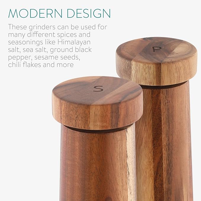 Navaris Salt and Pepper Mill Set - Adjustable Acacia Wood Salt and Pepper Grinders Shakers with Ceramic Grinding Core for Home, Restaurants - Design 1