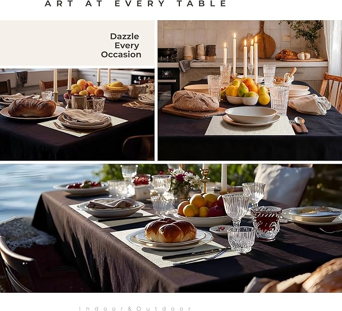 Leetaltree Luxury White and Silver Woven Placemats Set of 8 - Waterproof Washable Textured Table Mats for Wedding, Anniversary, Daily Use - Sparkling Metallic Thread Table Decor - Hand-Cut