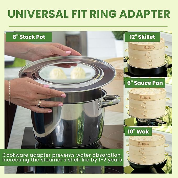 2-tier 10" Bamboo Steamer with Reinforcement & Handle, Reusable Silicone Liner & Accessories Kit For Cooking Dumpling, Baby Bao Bun, Dim Sum, Rice Potsticker Steaming Chinese Asian Food & Vegetables
