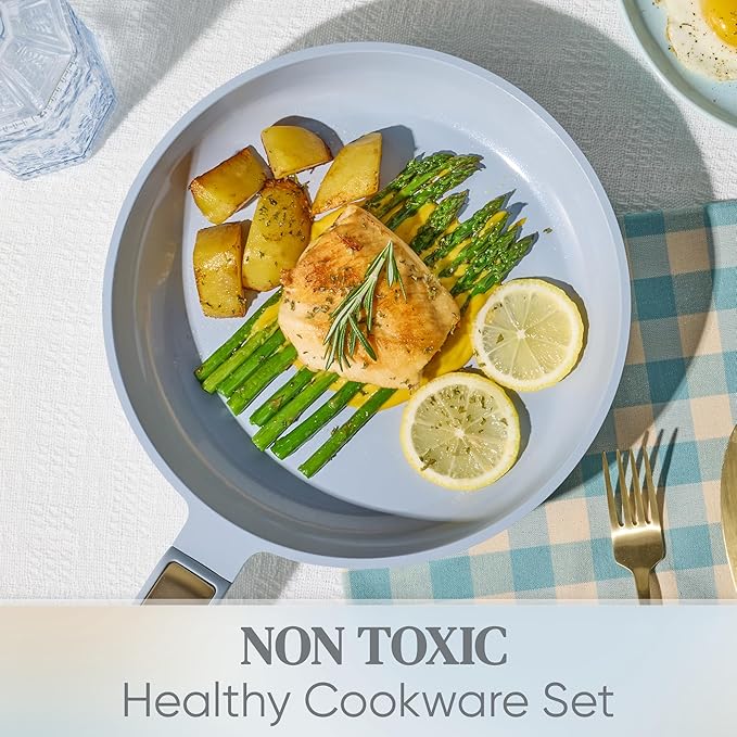 CAROTE Ceramic Cookware Set Nonstick, 14pcs Pots and Pans Set Nonstick, Non-Toxic & PFAS-Free, Dishwasher, RV/Camping Cookware Set, Cooking Pots with Lids, Pastel Blue