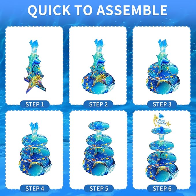 AMZWKT 4-Tier Extra Large Happy Birthday Under The Sea Ocean Cardboard Cupcake Stand Ocean Themed Birthday Party Decorations for Boys Girls First Baby Shower Baby Shark Decoration ﻿ ﻿