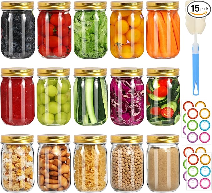 Glass Mason Jars with Gold Lids 16 oz - 15 Pack Regular Mouth Canning Jars for Food Storage, Meal Prep, Overnight Oats, DIY Crafts - Includes 24 Stickers & Brush