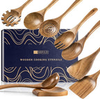 Wooden Spoons for Cooking, Nonstick Cooking Utensil Set with 8 Piece Acacia Wooden Spatulas and Spoons, as well as a Extra Whole Wood Spoon Rest, Terrific for Everyday Kitchen Tasks