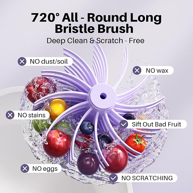 JOYMOOP Fruit Washer Spinner, Fruit Cleaner Spinner with Crank Handle, Hands-Free Fruit & Vegetable Washing Bowl, Manual Fruit Scrubber, No Electricity, Light Lavender