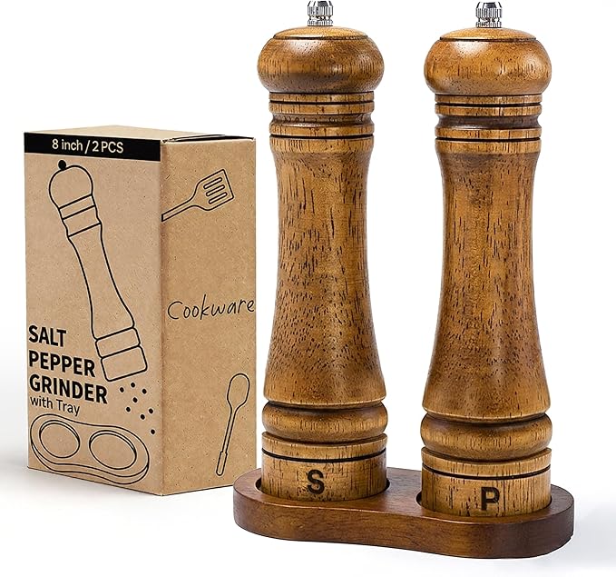 Wooden Salt and Pepper Grinder Set, Premium Oak Wood Salt Grinders Shakers, Pepper Mill with S and P Engraving, Adjustable Ceramic Grinder (8″ - 2 Packs with Tray)