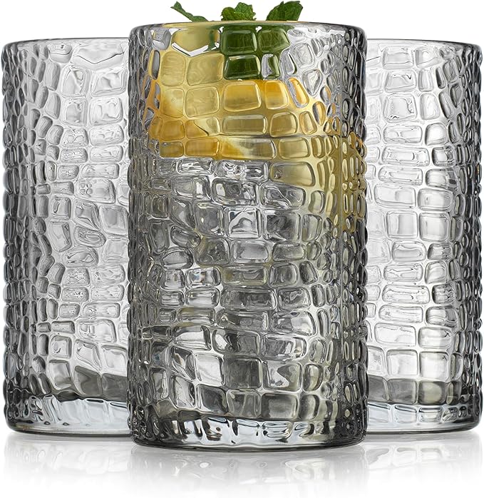 Glaver's Highball Glasses Set of 4 Smoke Drinking Glasses, 15 Ounce Crackle Textured Newly Designed Patent Glassware Heavy Bar Home Party Decor Black Kitchen Glasses, Water Juice Cocktails