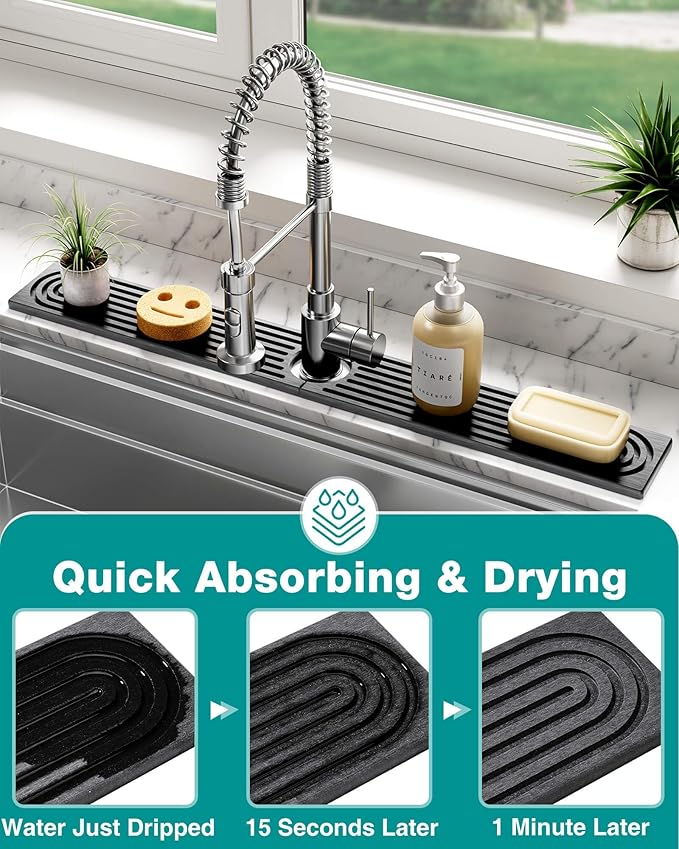 Stone Faucet Mat for Kitchen Sink, Diatomite Sink Protectors - Prevent Moisture Drying Stone Tray Fit Kitchen Counter & Bathroom Counter (Dark Gray, 15.8" x 4")