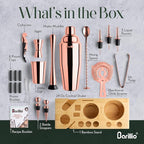 Barillio Rose Gold Bartender Kit - Stainless-Steel Cocktail Shaker Set w/Bamboo Stand - Mixology Bar Tools w/Drink Shaker, Mixer and Muddler for Cocktails - Home Bar Accessories - 23-Pc Bar Set