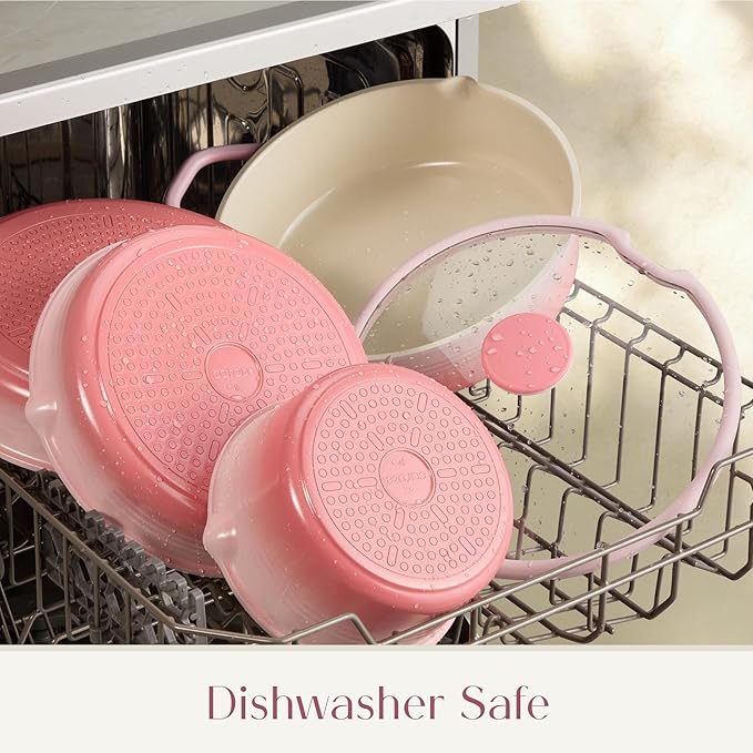 CAROTE 20Pcs Titanium Cookware Set, Pots and Pans Set Non Stick, Kitchen Cooking Set with Detachable Handle, Non Toxic Induction Cookware, Dishwasher/Oven Safe Pink