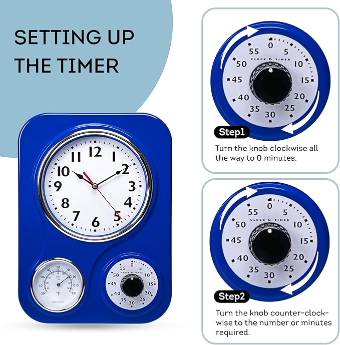 Lily's Home - 9.5 Inch x 12.5 Inch- Retro Kitchen Wall Clock, Vintage Wall Clock with a Thermometer and 60-Minute Timer, Ideal for Any Kitchen, Office, or Diner (Dark Blue)