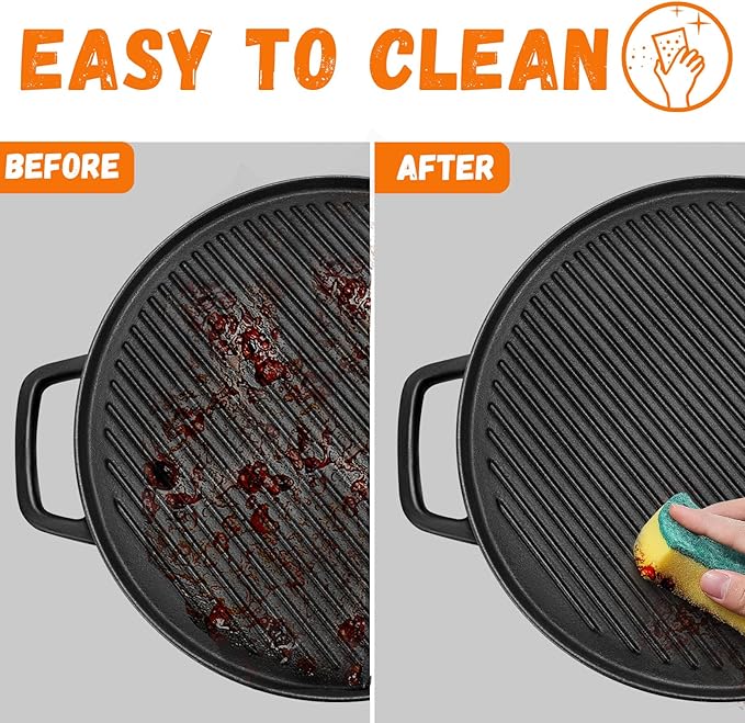 GGC Reversible Cast Iron Griddle, Double-sided Griddle Pan for Stove Tops, Gas Grills and Outdoor Cooking, 14 inch Grill Griddle with Baking Flat and Ribbed
