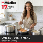 Mueller 17-Piece Stainless Steel Pots and Pans Set – Tri-Ply Ultra-Clad Pro Cookware Set, Induction Ready, Oven Safe, Even-Heat Aluminum Core, Includes Skillets, Saucepans, Dutch Oven, Stockpot