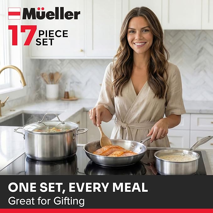 Mueller 17-Piece Stainless Steel Pots and Pans Set – Tri-Ply Ultra-Clad Pro Cookware Set, Induction Ready, Oven Safe, Even-Heat Aluminum Core, Includes Skillets, Saucepans, Dutch Oven, Stockpot
