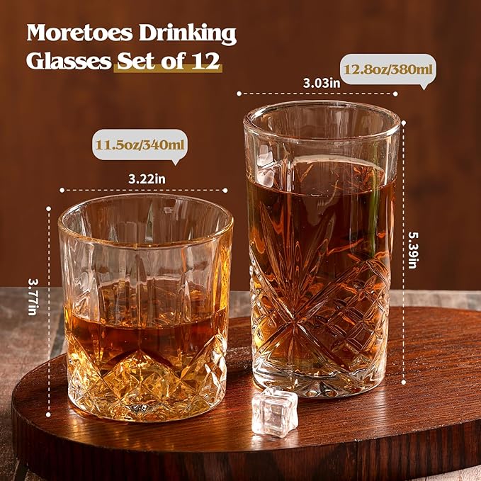 Moretoes Crystal Whisky Drinking Glasses Set of 12, Glass Cups, Mixed Glassware Set, 12 Oz Highball Glasses & 11 Oz Old Fashioned Glasses, Great for Cocktail and Other Beverages