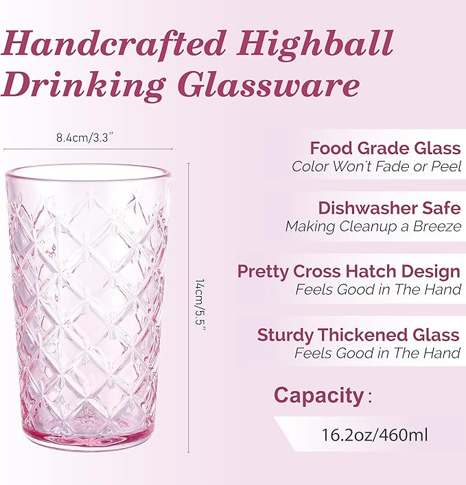 Drinking Highball Glasses Set of 4, Vintage Cross Hatch Glass Cups, 15.5oz Tall Drinking Water Glasses, Dishwasher Safe Pink Glass Tumbler Glassware for Water, Juice, Cocktail, Coffee, Whiskey