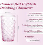 Drinking Highball Glasses Set of 4, Vintage Cross Hatch Glass Cups, 15.5oz Tall Drinking Water Glasses, Dishwasher Safe Pink Glass Tumbler Glassware for Water, Juice, Cocktail, Coffee, Whiskey