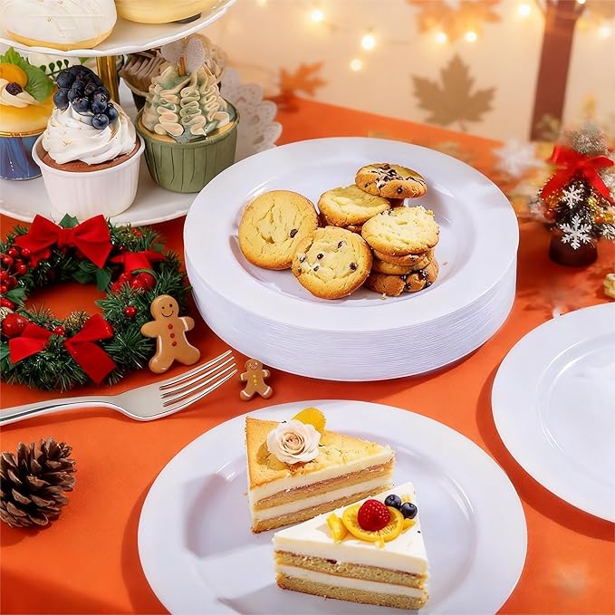 WELLIFE 100 Pieces White Plastic Dessert Plates with 100pcs Silver Disposable Forks, Premium Hard Salad Plate 7.5”, Appetizer Plastic Plates for Wedding, Party