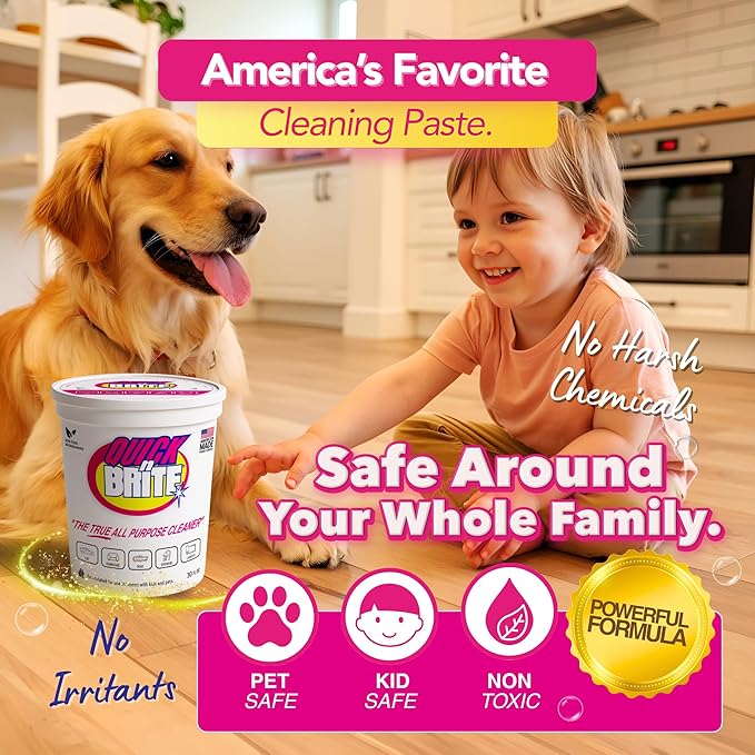 Quick 'n Brite All Purpose Cleaning Paste – Miracle Cleaner for Tough Stains | Eco-Friendly, Non-Toxic, Pet-Safe | Multi-Surface Stain Remover | Made in USA, 32oz (Pack of 2)
