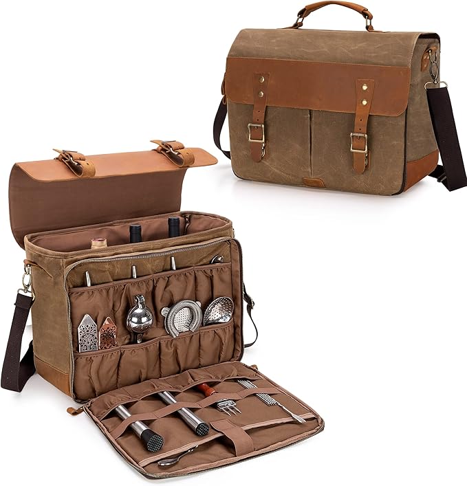 Lodrid Vintage Bartender Kit Bag with Flexible Compartments for Wine, Leather Waxed Canvas Bartender Tote with Removable Dividers, Bar Bag with Handle and Shoulder Strap, Case Only, Patent Design