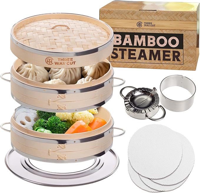 2-tier 10" Bamboo Steamer with Reinforcement & Handle, Reusable Silicone Liner & Accessories Kit For Cooking Dumpling, Baby Bao Bun, Dim Sum, Rice Potsticker Steaming Chinese Asian Food & Vegetables