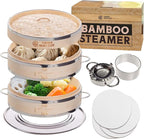 2-tier 10" Bamboo Steamer with Reinforcement & Handle, Reusable Silicone Liner & Accessories Kit For Cooking Dumpling, Baby Bao Bun, Dim Sum, Rice Potsticker Steaming Chinese Asian Food & Vegetables