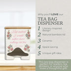 Steel Mill & Co Ceramic Tea Bag Dispenser with Bamboo Lid, Tea Storage Container for Kitchen Counter, Organizer for Tea Bags, Cute Bookish Gift for Tea Lovers (Jane Austen Quote)