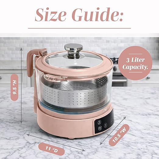 COOK WITH COLOR 3L Glass Mini Low Carb Rice Cooker – Holds 2 Cups Raw/Makes 6 Cups Cooked with Auto Lift Filter Basket, Hotpot & Steamer for Rice, Grains, Digital Panel with Keep Warm, Dusty Rose
